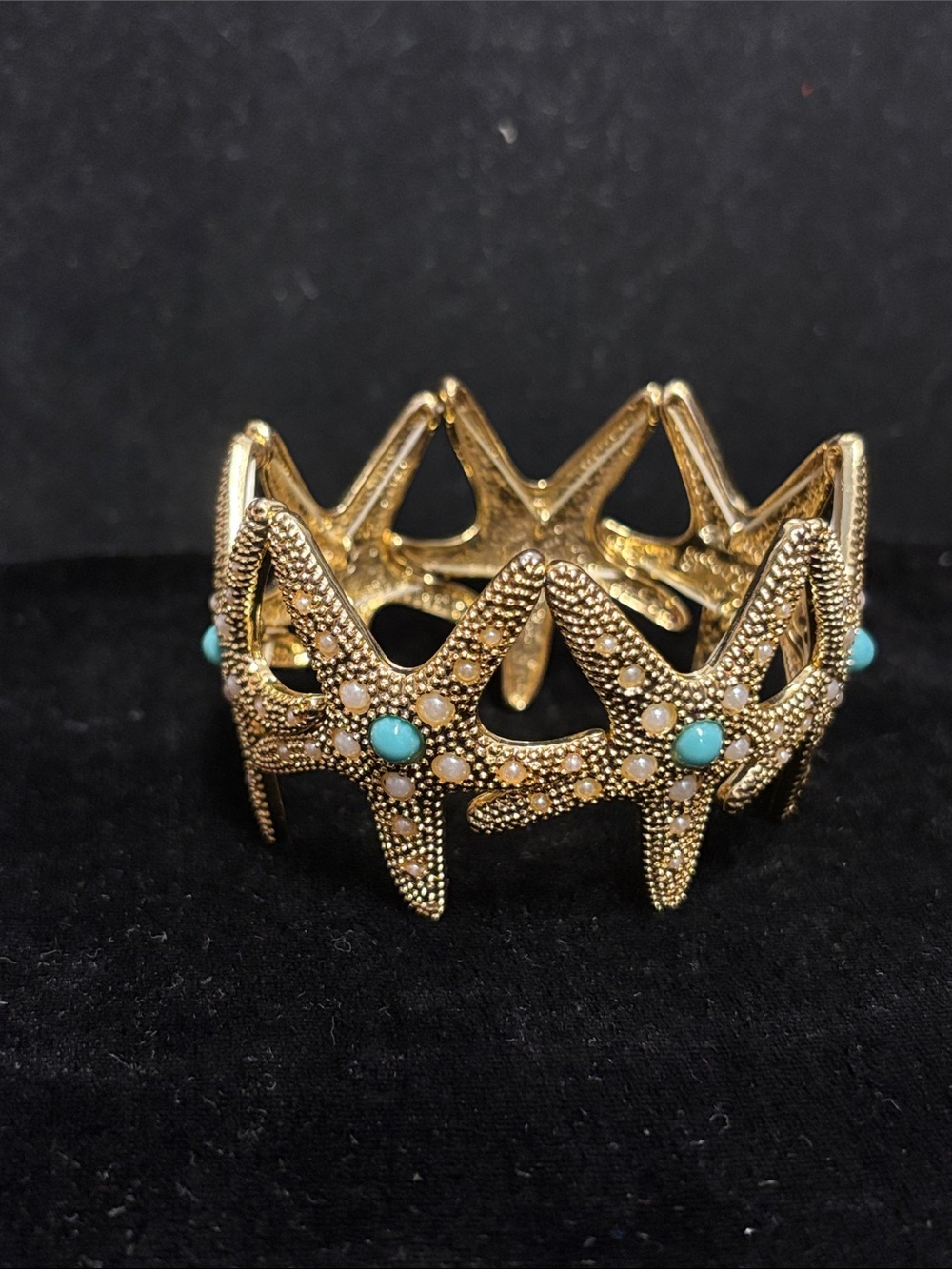 Gold-tone Starfish Stretch Bracelet with Turquoise and Pearl Accents
